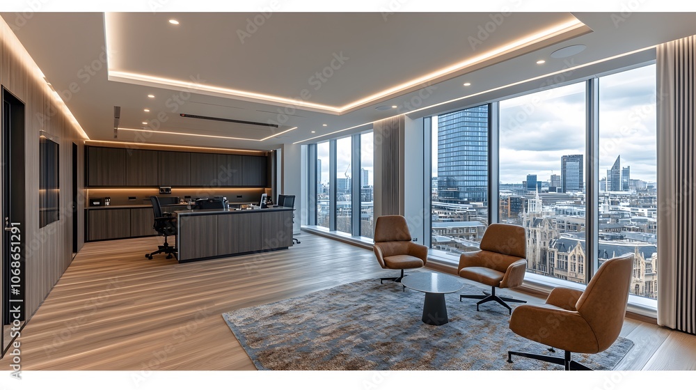 Naklejka premium Minimalist office with large windows, open layout, blank workspace, fresh lighting