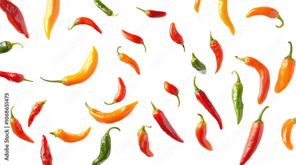 Many spicy and fresh red chilies are falling. A flavorful cooking ingredient. transparent background Many spicy and fresh red chilies are falling. A flavorful cooking ingredient. transparent background