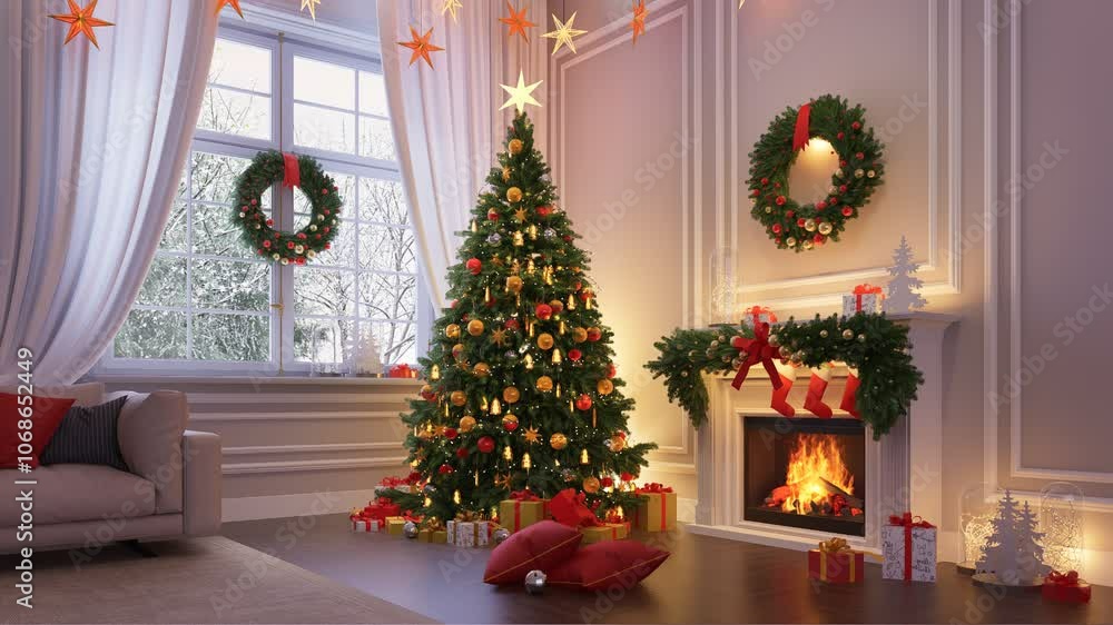 A room with a decorated Christmas tree with gifts underneath and a fireplace. 3D render A room with a decorated Christmas tree with gifts underneath and a fireplace. 3D render