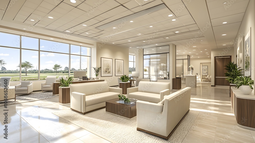 Bright and open office layout, minimalistic design, blank space, professional and modern Bright and open office layout, minimalistic design, blank space, professional and modern
