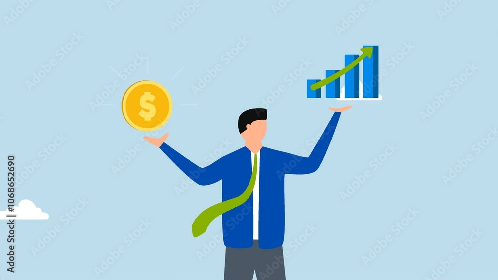 Value stock vs growth stock, 4k animation of businessman is evaluating the difference between value and growth stocks that he holds. Value stock vs growth stock, 4k animation of businessman is evaluating the difference between value and growth stocks that he holds.