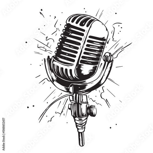 Microphone In cartoon, hand-drawn flat style. image for social media, websites and UI. Isolated 2D vector design in logo, icon, sketch style, simple line vector, single color. AI Generative Art.