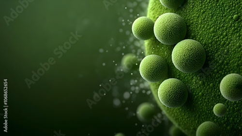 Magnified view of chlorophyll rich microalgae cells thriving in a photobioreactor showcasing the vibrant green spherical organisms with intricate cellular structures and dense colony formations photo