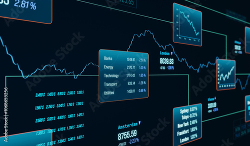 Abstract financial figures, market data and charts. Business, trading information, financia markets, investment. Concept, illustration.