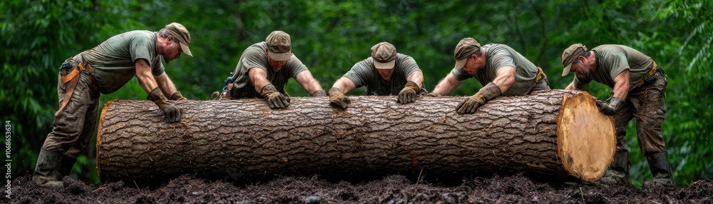 A group of workers collaborates to move a large log, showcasing teamwork and forestry skills in a natural setting. A group of workers collaborates to move a large log, showcasing teamwork and forestry skills in a natural setting.