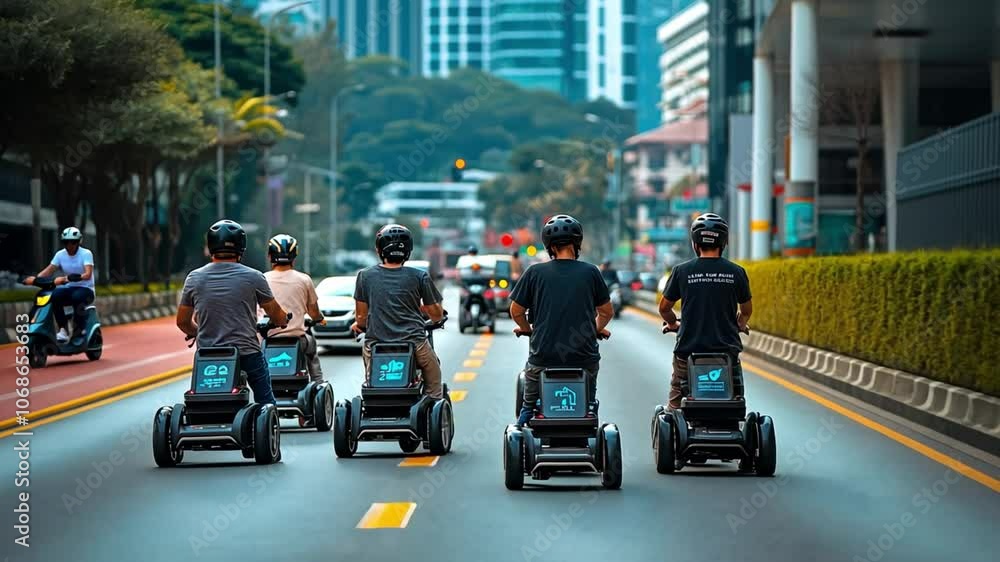 A group of people ride scooters down a city street A group of people ride scooters down a city street
