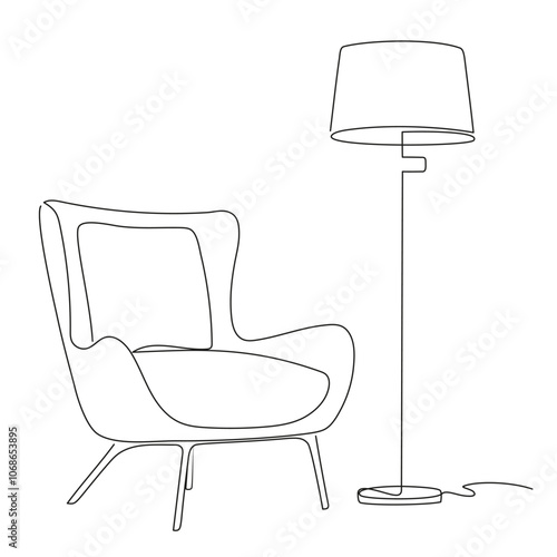 Interior with armchair and floor lamp. Single one line drawing. Living room with modern furniture. Designer chair hand draw contour vector illustration.