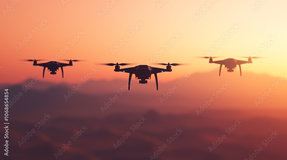Military drones flying over a desert landscape front view with stealth mode activated advanced tone triadic color scheme Military drones flying over a desert landscape front view with stealth mode activated advanced tone triadic color scheme