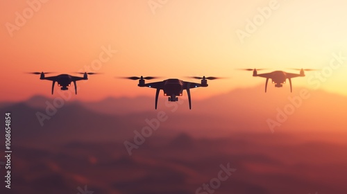 Military drones flying over a desert landscape front view with stealth mode activated advanced tone triadic color scheme photo