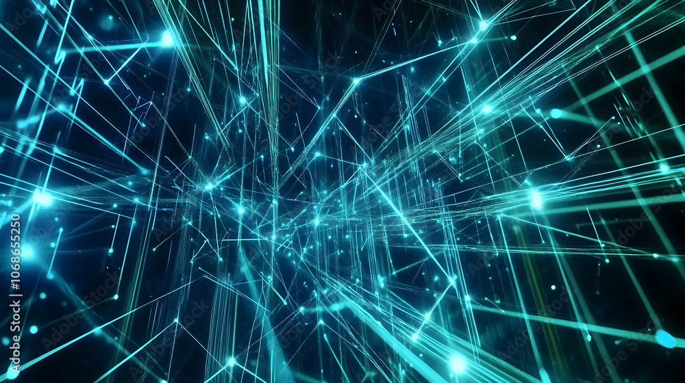 Abstract depiction of blue and green network lines, forming a futuristic and interconnected network visualization Abstract depiction of blue and green network lines, forming a futuristic and interconnected network visualization