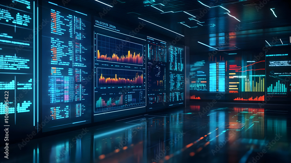 3D Illustration Futuristic Data Center Monitoring Analytics Charts Code 3D Illustration Futuristic Data Center Monitoring Analytics Charts Code