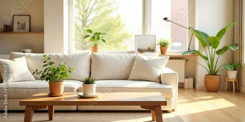 A cozy living room with a wooden coffee table, potted plants, and a comfortable white sofa in the foreground.