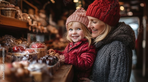 Smiling mother and daughter exploring a cozy winter market, surrounded by festive treats and holiday warmth.