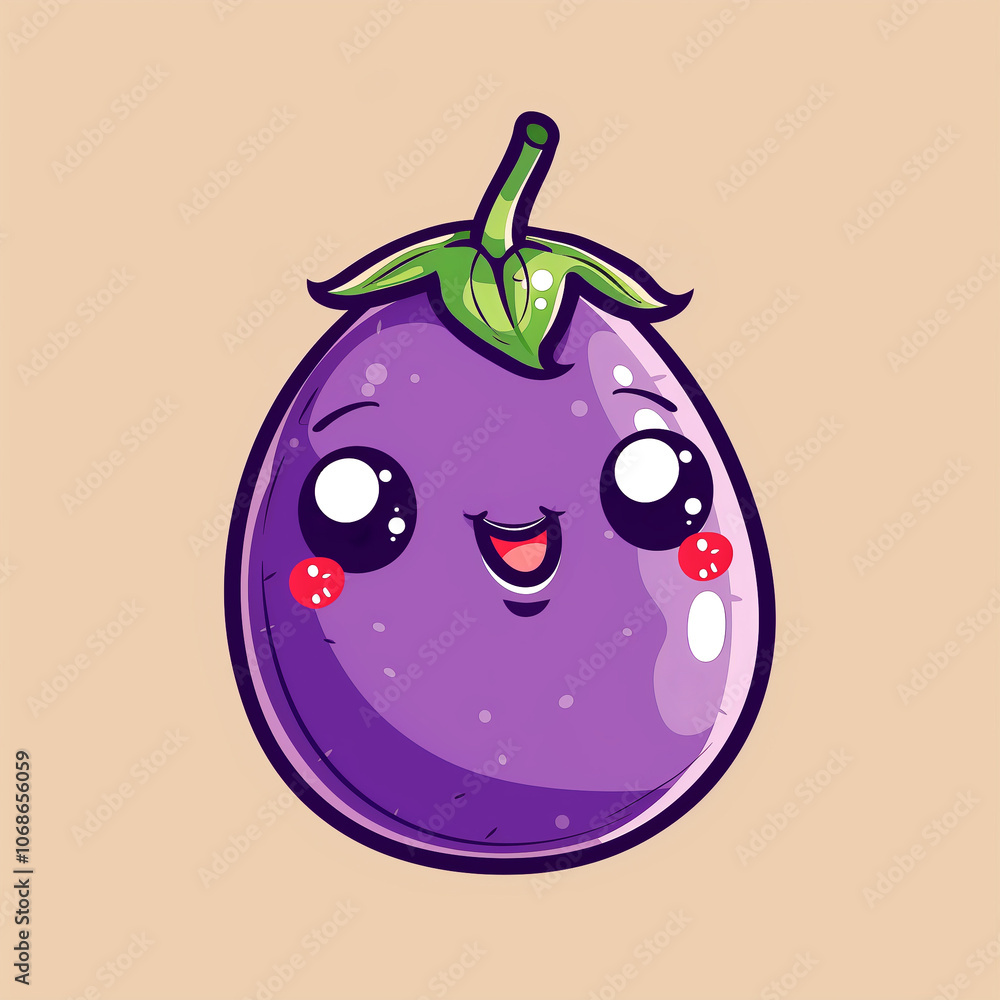 Cute illustration of a purple cartoon eggplant with a green stem and leaf is smiling. The eggplant is happy and having fun, healthy eating concept. Cute illustration of a purple cartoon eggplant with a green stem and leaf is smiling. The eggplant is happy and having fun, healthy eating concept.