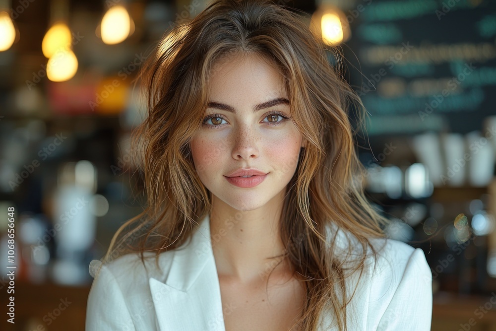 Smiling young woman with natural makeup and wavy hair in a white blazer, standing in a softly lit professional indoor setting Generative AI Smiling young woman with natural makeup and wavy hair in a white blazer, standing in a softly lit professional indoor setting Generative AI