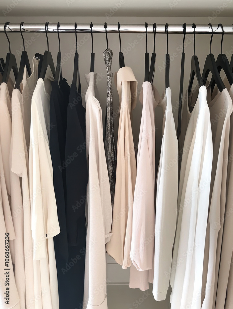 Organized wardrobe featuring capsule collection of neutral clothing. closet displays variety of tops in soft colors, creating minimalist and stylish aesthetic Organized wardrobe featuring capsule collection of neutral clothing. closet displays variety of tops in soft colors, creating minimalist and stylish aesthetic