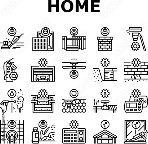 home maintenance cleaning icons set vector. plumbing roofing insulation, landscaping pest, hvac electrical, flooring siding home maintenance cleaning black contour illustrations