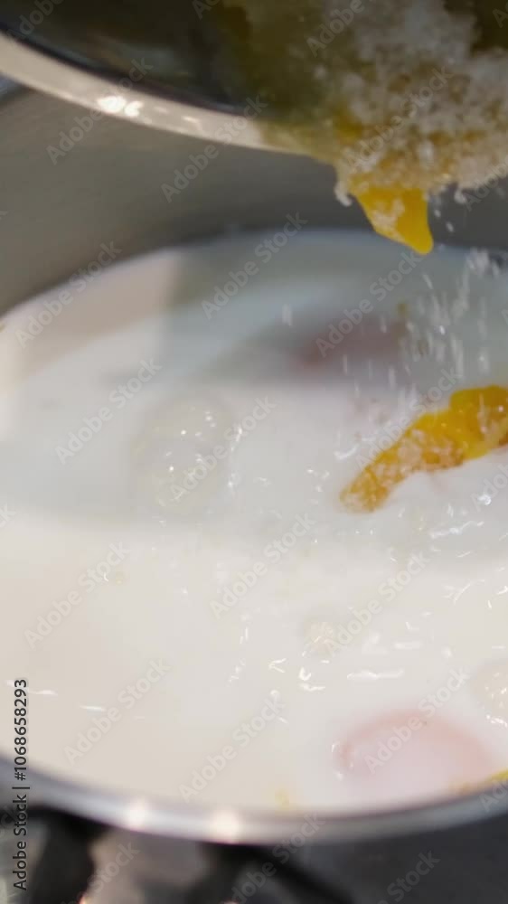 add yolks to milk Milk pouring into bowl with eggs, slow motion. Preparation of the dough. Chef pours milk in a glass bowl. add yolks to milk Milk pouring into bowl with eggs, slow motion. Preparation of the dough. Chef pours milk in a glass bowl.
