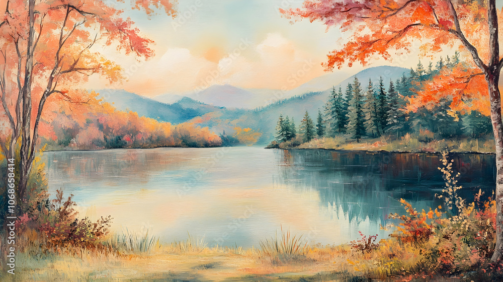 Fototapeta premium Autumn landscape with colorful foliage, lake, and trees, creating a peaceful scene 