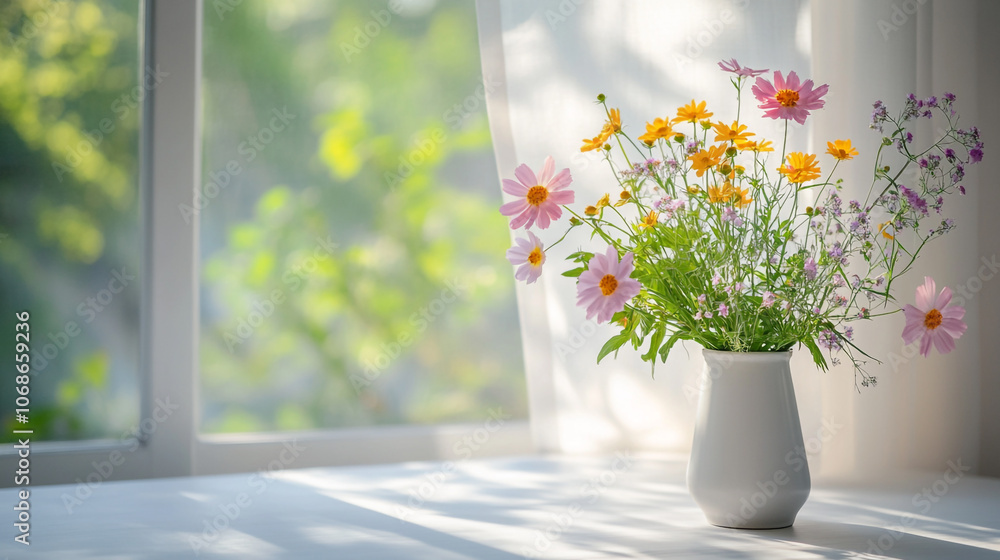 Vibrant wildflowers in a white vase on a sunlit windowsill surrounded by nature Vibrant wildflowers in a white vase on a sunlit windowsill surrounded by nature
