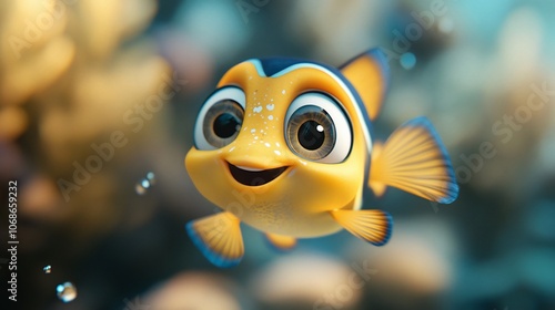 Cute cartoon fish with big eyes and a smile, swimming in the water.