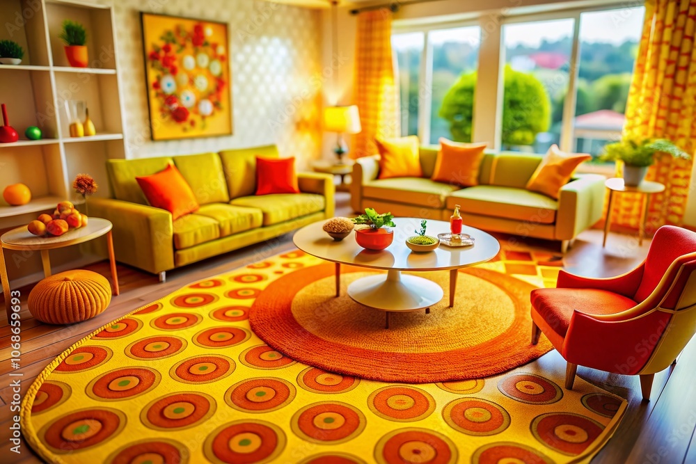 Obraz premium Vibrant Circle Spot Yellow Printed Carpets with Orange Accents in Tilt-Shift Photography for Home Decor and Interior Design Inspiration