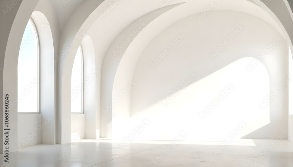 A minimalist, bright, and airy interior with white arched walls and a smooth, reflective floor A minimalist, bright, and airy interior with white arched walls and a smooth, reflective floor