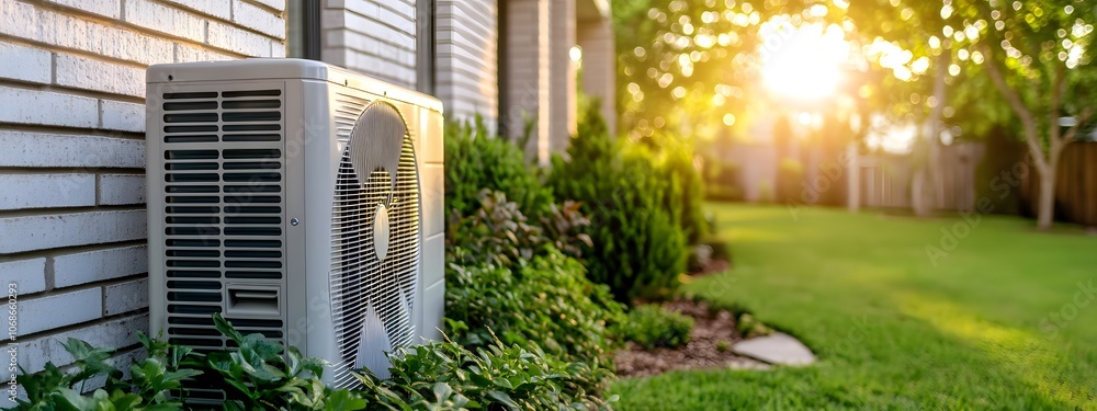 A high-contrast, photorealistic image of an air source heat pump outside the house. The focus is on its sleek design and energy efficiency, set against modern architecture with large windows and green A high-contrast, photorealistic image of an air source heat pump outside the house. The focus is on its sleek design and energy efficiency, set against modern architecture with large windows and green
