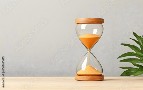 An hourglass with sand flowing, symbolizing time management, urgency, and productivity. photo