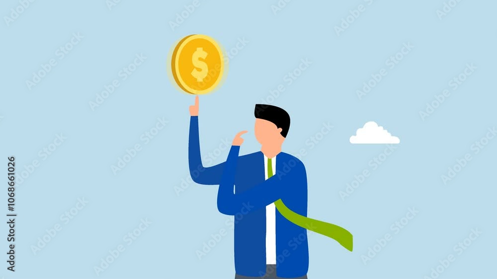 Money thinking, 4k animation of businessman gazes at a spinning coin, contemplating potential profits. Money thinking, 4k animation of businessman gazes at a spinning coin, contemplating potential profits.