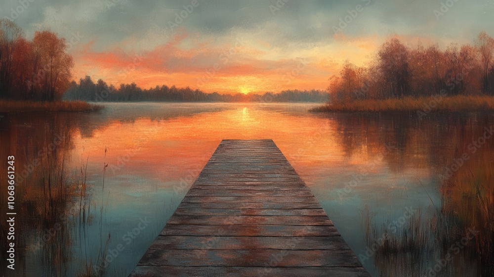 Fototapeta premium relaxing morning at a serene lake with a dock at sunrise, creating a tranquil scene filled with soft hues of orange and pink reflecting on the water, inviting peaceful contemplation
