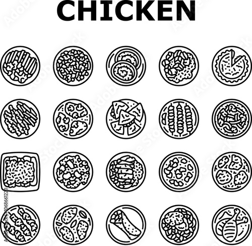 chicken dishes roast grilled icons set vector. fried baked, barbecue teriyaki, curry, casserole parmesan, piccata marsala, tandoori chicken dishes roast grilled black contour illustrations