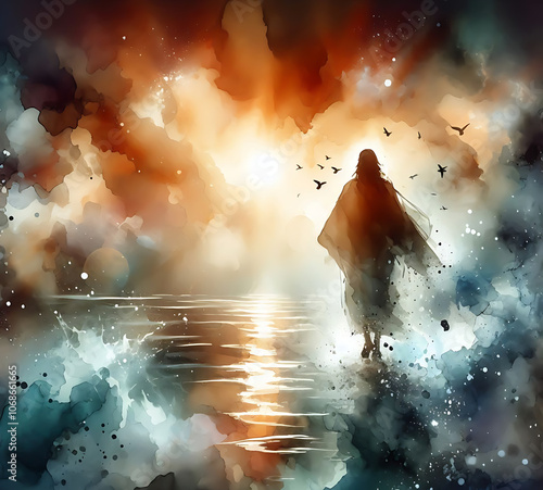Jesus walk on the water, Jesus walking on the lake.  resurrection of Jesus Concept	