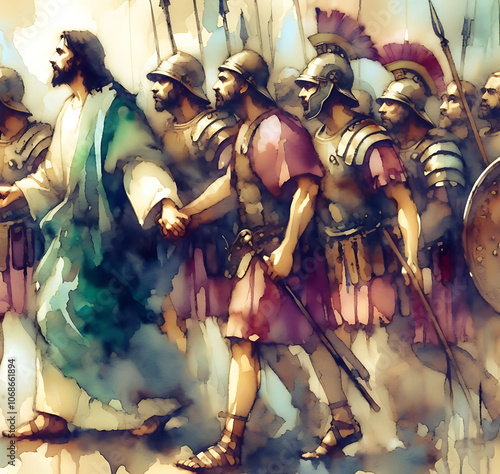 Abstract Bliblical illustration. Watercolour Painting and Illustrattion Jesus was arrested and taken away by Roman soldiers. Judas Iscariot betrayed Jesus Christ	
