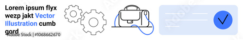 Text block with dummy text alongside abstract line art of gears, a machine, and a checkmark in a blue box. Ideal for technology, engineering, automation, business, productivity, manufacturing