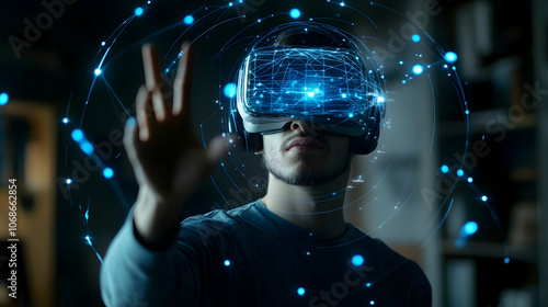 Businessperson exploring virtual metaverse with holographic global network connections and AI technology    