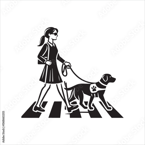 Blind person safely crosses the street with her guide dog. Black and white illustration of a blind people using a guide dog to cross a pedestrian crossing.