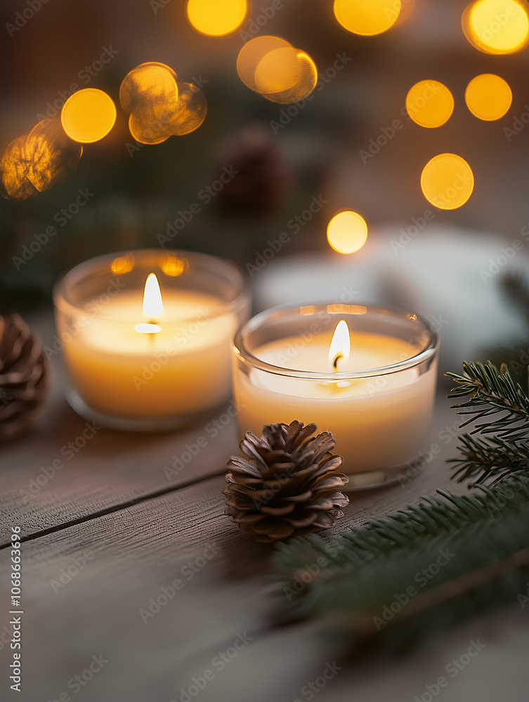 White wax burning candles, fir branches and pinecones on a wooden table. Christmas home decor. New Year's eve. Lights and bokeh. White wax burning candles, fir branches and pinecones on a wooden table. Christmas home decor. New Year's eve. Lights and bokeh.