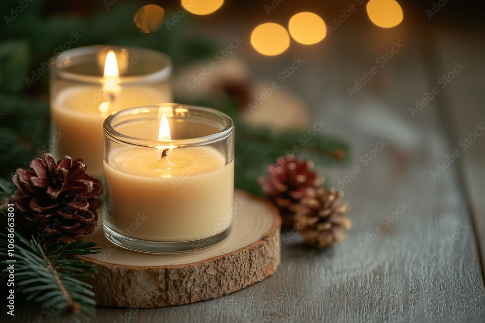 White wax burning candles, fir branches and pinecones on a wooden table. Christmas home decor. New Year's eve. Lights and bokeh. White wax burning candles, fir branches and pinecones on a wooden table. Christmas home decor. New Year's eve. Lights and bokeh.