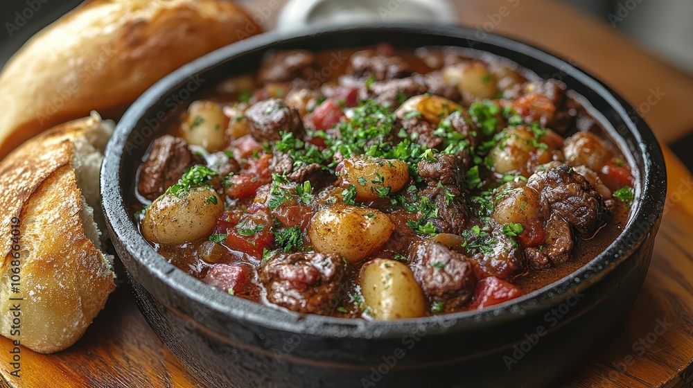 rich beef bourguignon dish presented in a cast iron pot alongside a side of crusty bread, showcasing a warm, hearty meal perfect for comfort food lovers