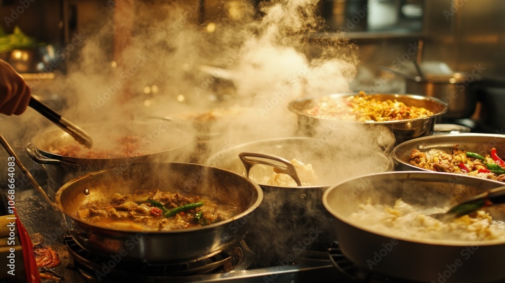 Steaming Hot Food In A Restaurant Kitchen Steaming Hot Food In A Restaurant Kitchen