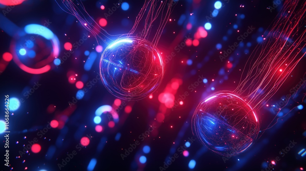 Obraz premium Abstract digital art with neon spheres and streaming lights, symbolizing data flow and connectivity.