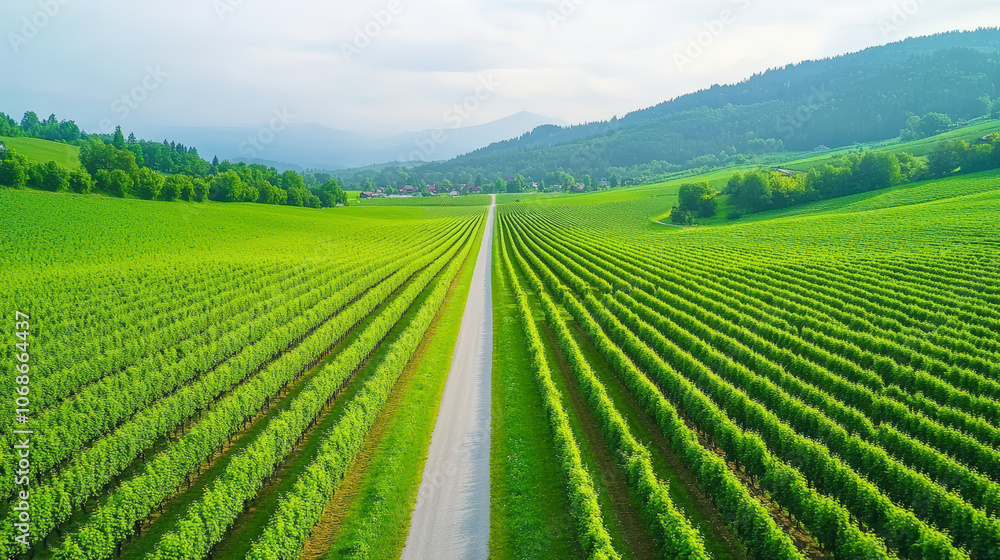A scenic view of lush green vineyards stretches symmetrically on either side of a narrow road under a cloudy sky, leading to distant hills. A scenic view of lush green vineyards stretches symmetrically on either side of a narrow road under a cloudy sky, leading to distant hills.