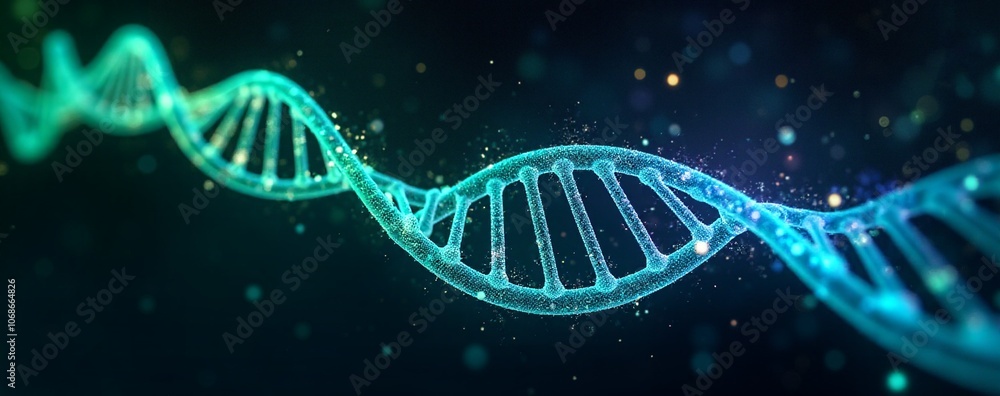 Obraz premium DNA double helix structure abstract background. Sustainable science. Medical or science research. Eco friendly technology. Gene molecule backdrop with copy space. Futuristic nanotechnology banner.