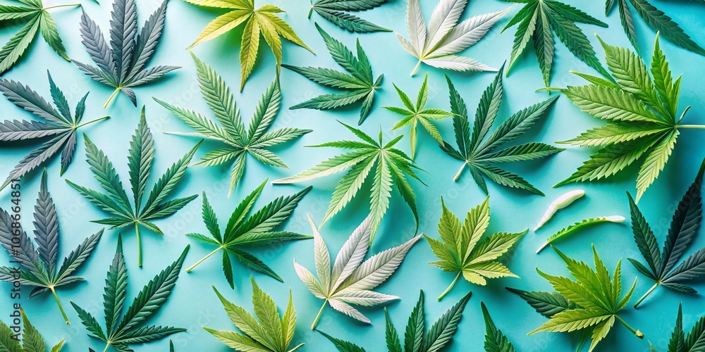 Vibrant Marijuana Leaves in Varied Greens and Whites Against a Soft Blue Backdrop for Nature and Wellness Themes Vibrant Marijuana Leaves in Varied Greens and Whites Against a Soft Blue Backdrop for Nature and Wellness Themes