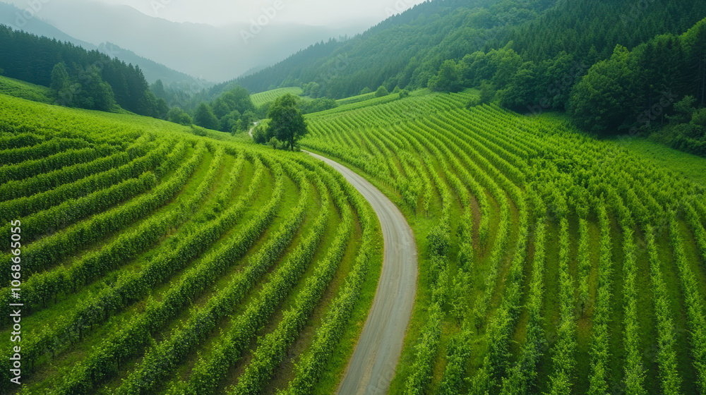 A winding road cuts through lush, green vineyard rows under a misty sky, surrounded by rolling hills and dense forests. A winding road cuts through lush, green vineyard rows under a misty sky, surrounded by rolling hills and dense forests.