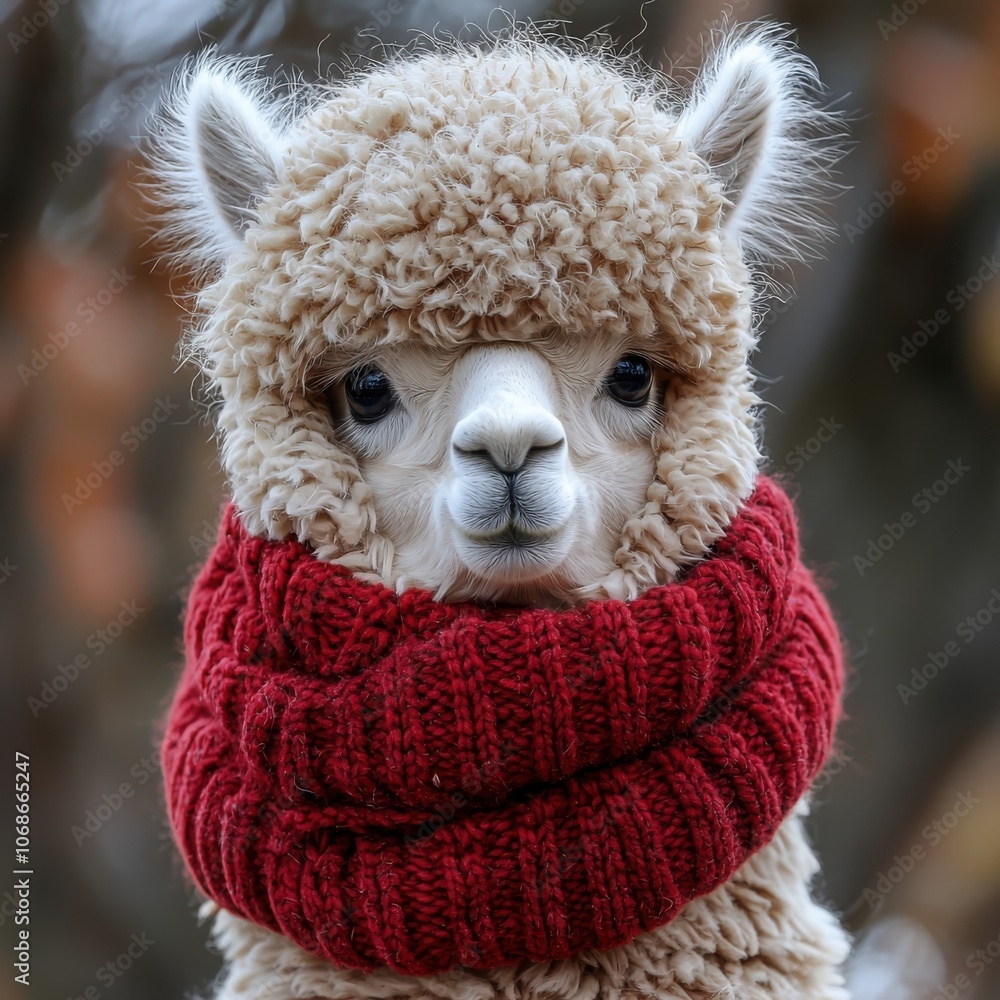 Adorable alpaca in a cozy red scarf and mittens showcasing fluffy wool in a charming winter scene Adorable alpaca in a cozy red scarf and mittens showcasing fluffy wool in a charming winter scene