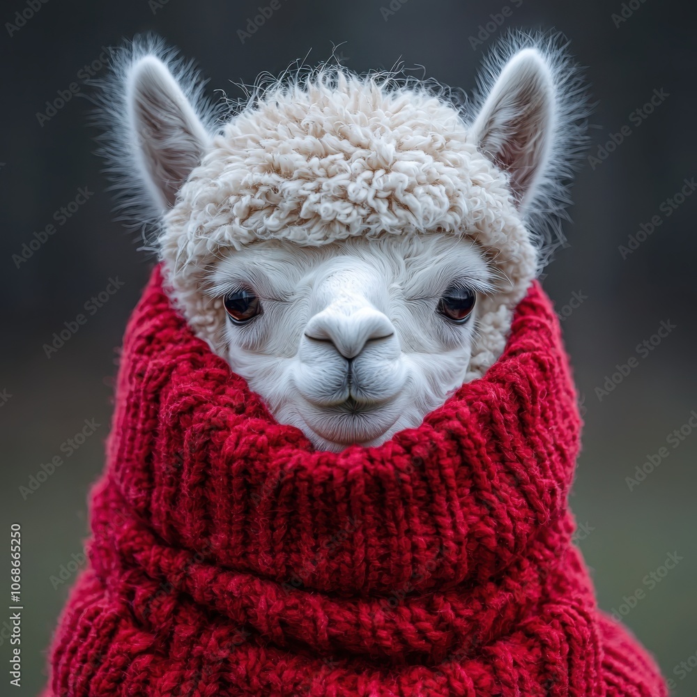 Adorable alpaca in a cozy red scarf and matching mittens showcasing fluffy wool for winter warmth Adorable alpaca in a cozy red scarf and matching mittens showcasing fluffy wool for winter warmth