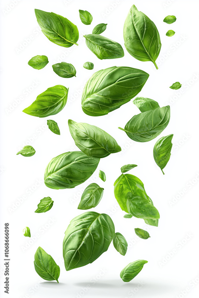 Floating fresh green basil leaves on a white background. Floating fresh green basil leaves on a white background.