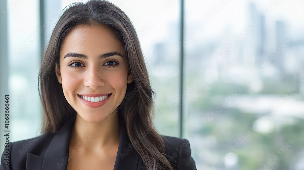 A smiling woman in a black blazer stands in front of a large window, with a blurred cityscape in the background. A smiling woman in a black blazer stands in front of a large window, with a blurred cityscape in the background.